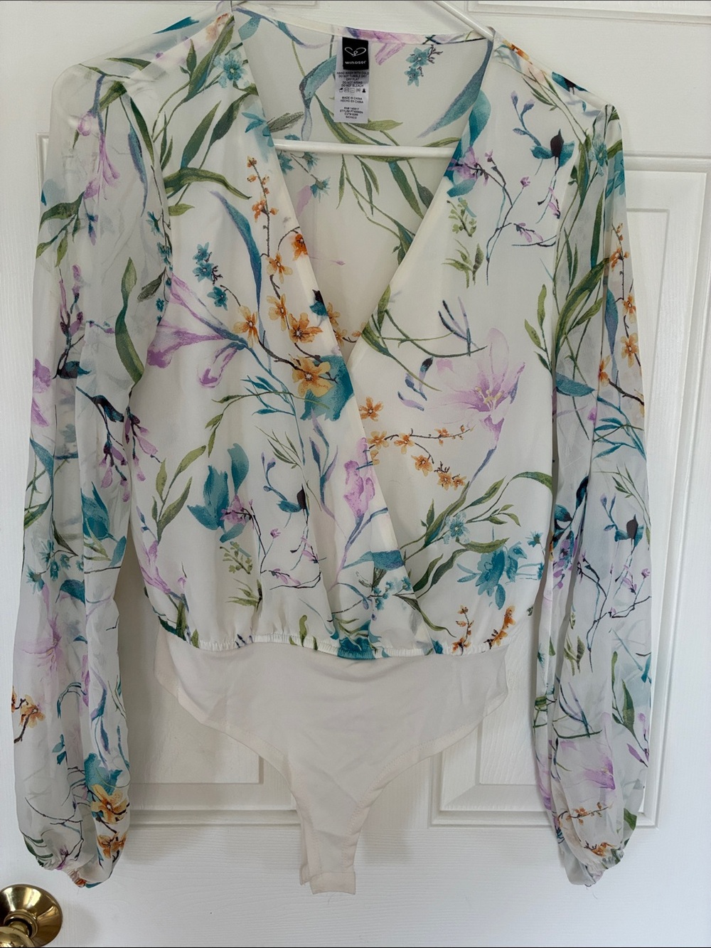 Windsor Botanical Floral Sheer Long Sleeve Wrap Bodysuit White S
